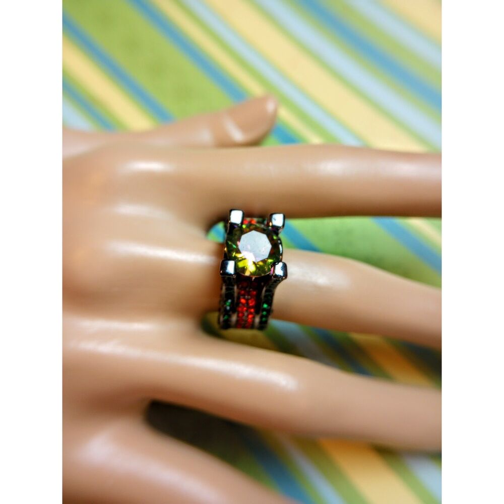 Statement Ring / Red & Green Stones in Black Gold / Size 8.5